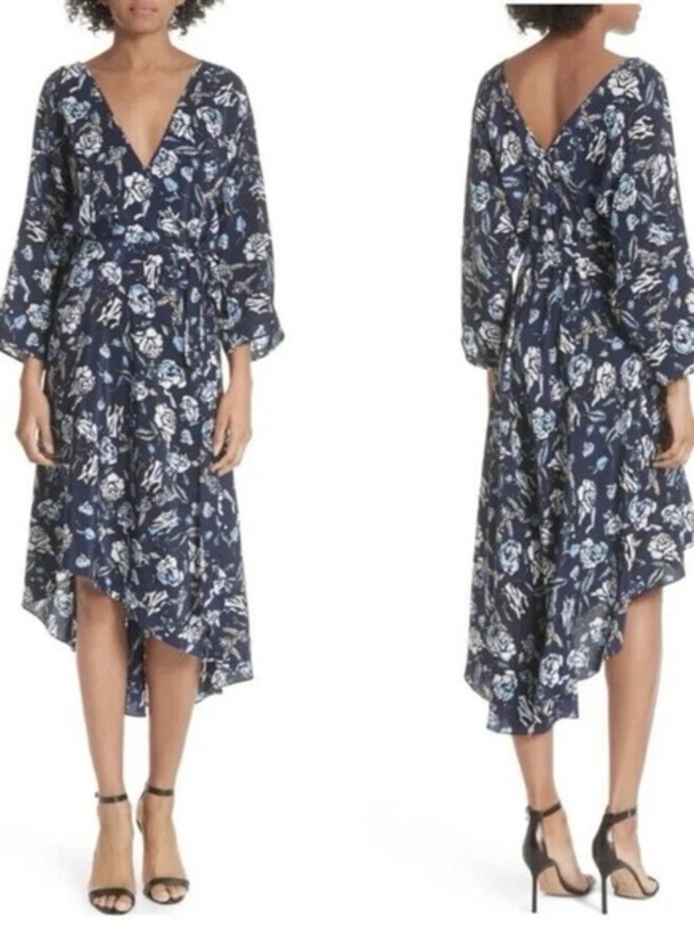 Diane Von Furstenberg Navy Floral Wrap High-Low Dress